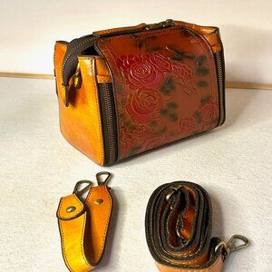 Mexican Leather Purse / Bag * Hand Tooled * Roses Motif * Two Straps * New!